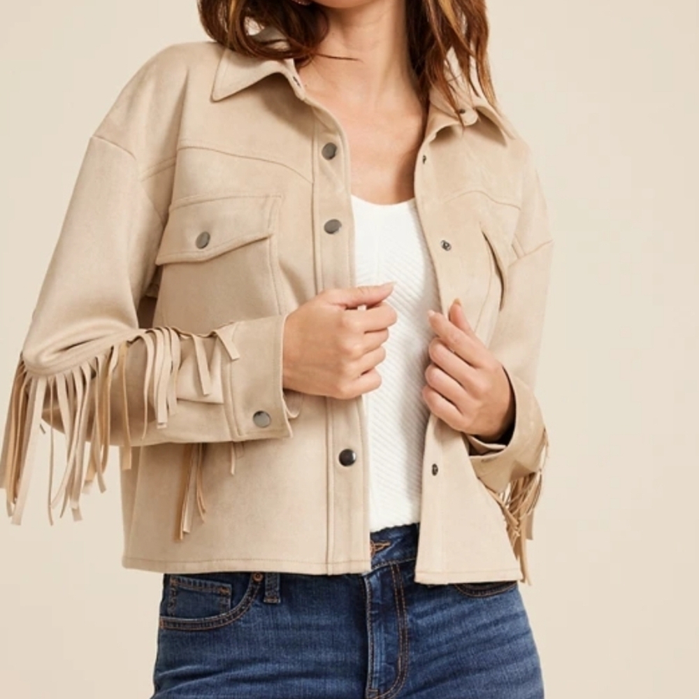 Maurices Beige Fringe Utility Jacket
